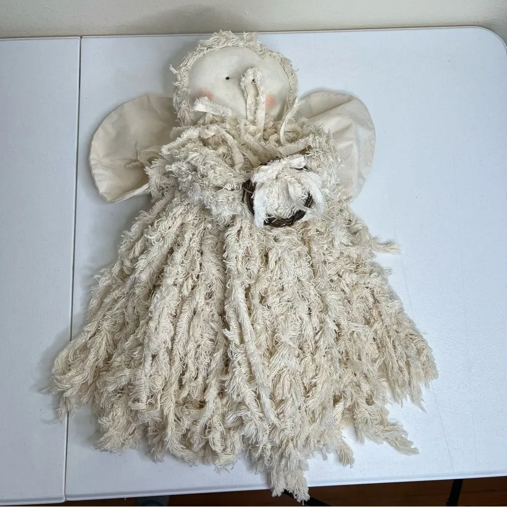 Vintage Handmade Yarn Angel Rag Doll Cream Painted Face Wings Holiday Decor